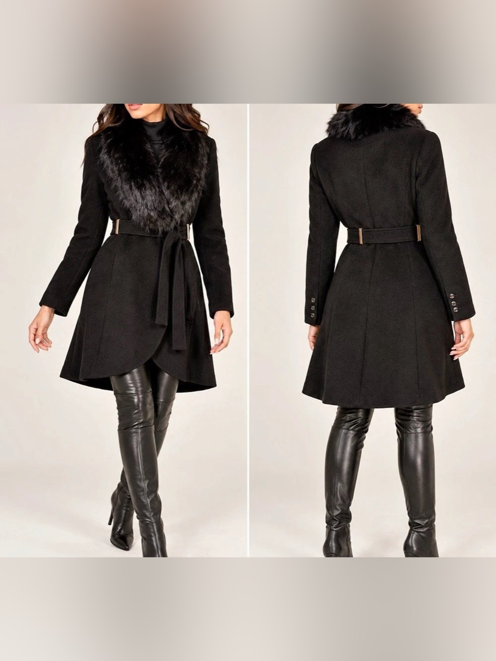 Calvin Klein Faux Fur Collar Belted Black Coat Size 2 Like New